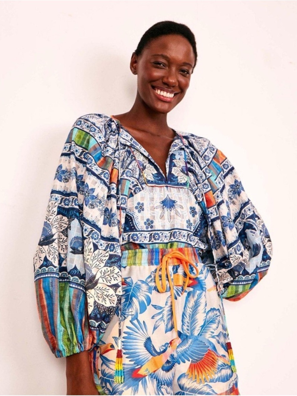 Farm Rio Blue Palms Beaded Tassel Long Sleeve Blouse
